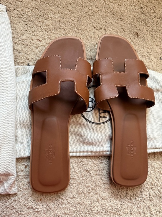 Hermes Shoes - Hermes Brown Oran Slide Sandals in Cognac Leather